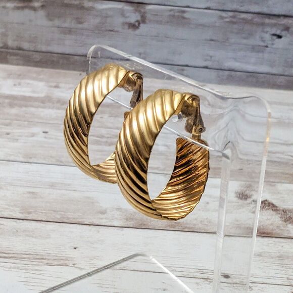 Vintage Clip On Earrings - Chunky Elongated Gold Tone Hoops with Line Design - Picture 1 of 5